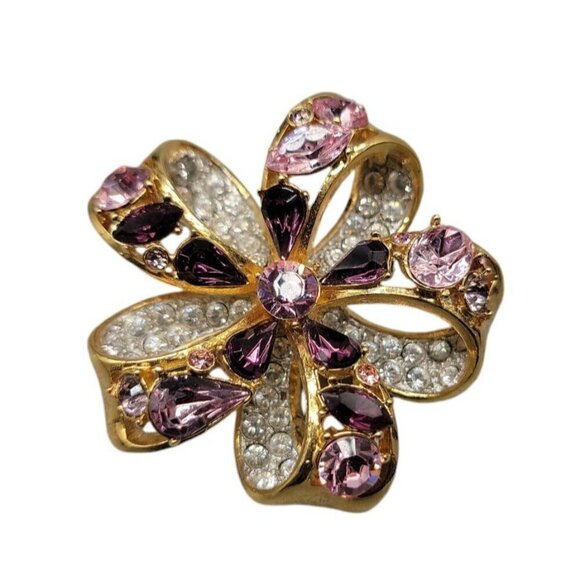 Nolan Miller Brooch Amethyst Purple & Clear Crystals Double Layer Gold Tone - Picture 9 of 15